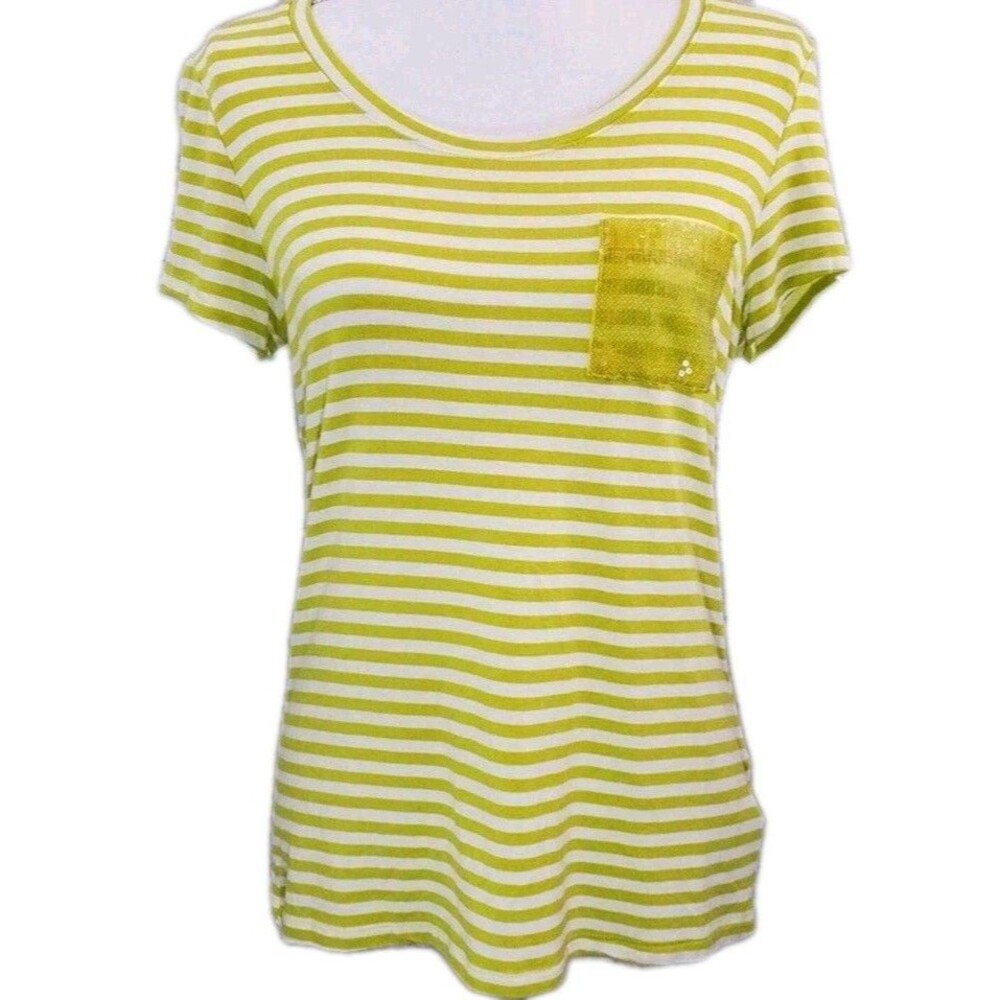Ellen Tracy Size Small Chartreuse & White Striped Sequin Pocket Tee